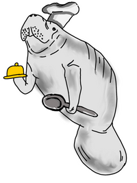 Gezeichnetes Manatee mit Kochmütze auf dem Kopf, Löffel in der Einen und ein Teller in der anderen Flosse.